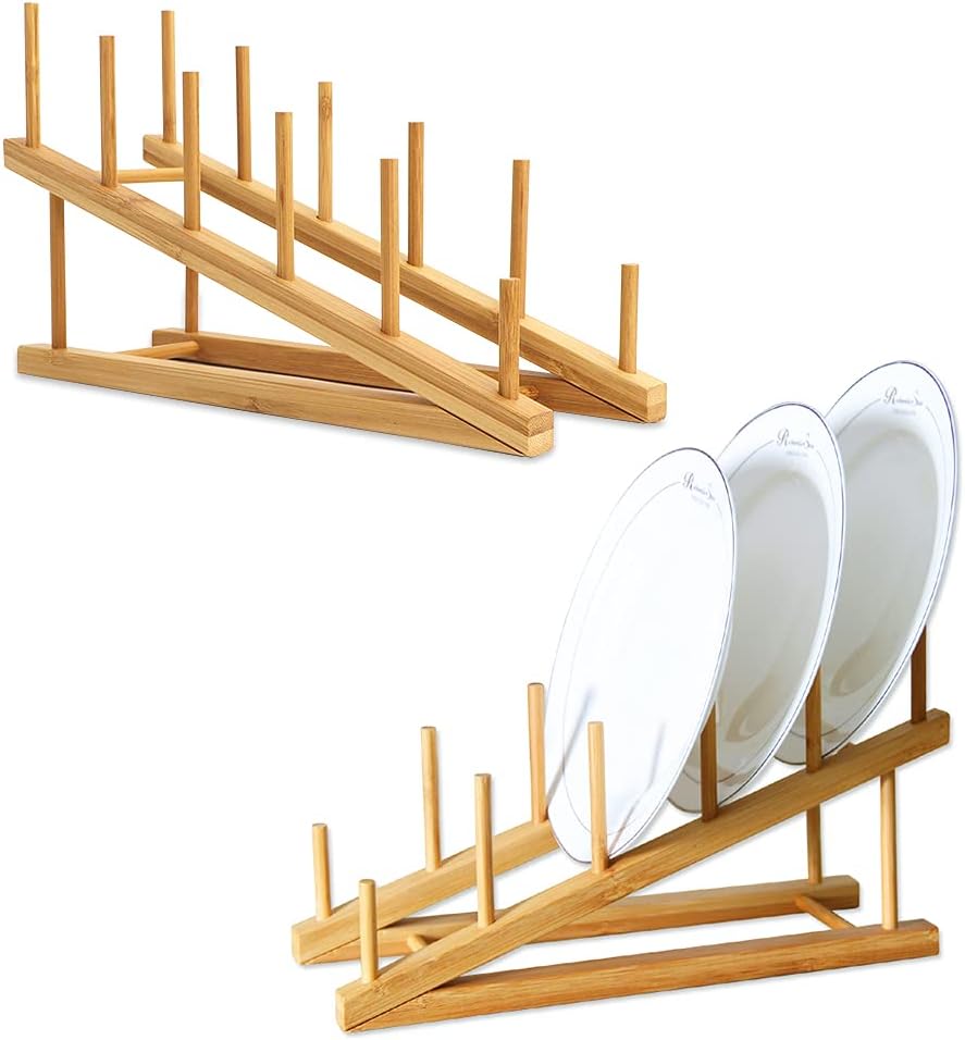 2 PCS Wooden Dish Rack Bamboo Plate Rack Stand Pot Lid Holde, for Cup, Bowl