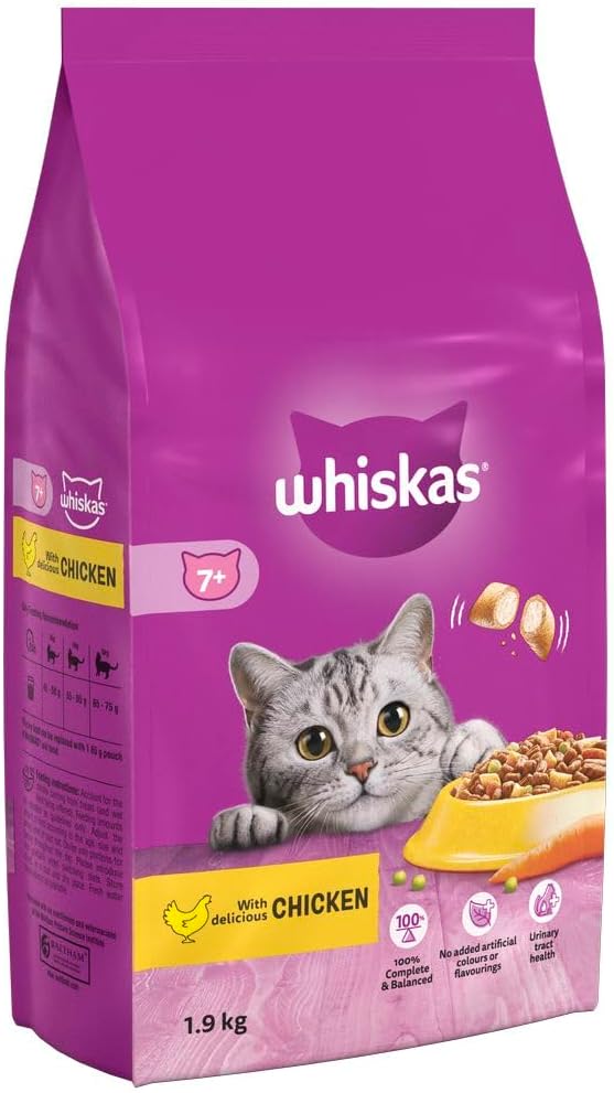 Whiskas 7+ Senior Chicken 4 x 1.9 kg Bags, Senior Dry Cat Food