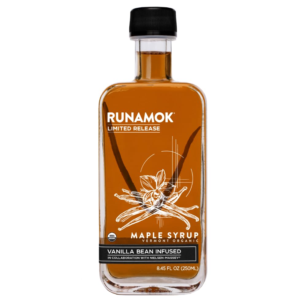 Runamok Maple Vanilla Bean Infused Maple Syrup - Authentic & Real Vermont Maple Syrup with Real Vanilla Bean Inside | Gluten Free & Natural Sweetener | Breakfast, Coffee, Pancakes Maple Syrup in collaboration with Nielsen Massey Vanilla | 8.45 Fl Oz (250mL)