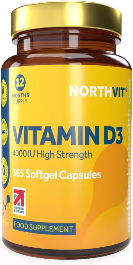 Vitamin D3 Softgels 4,000iu, Maximum Strength, 365 Easy to Swallow Softgels (1 Year Supply) Immune Support, Healthy Bones, Made in The UK by Northumbria Health
