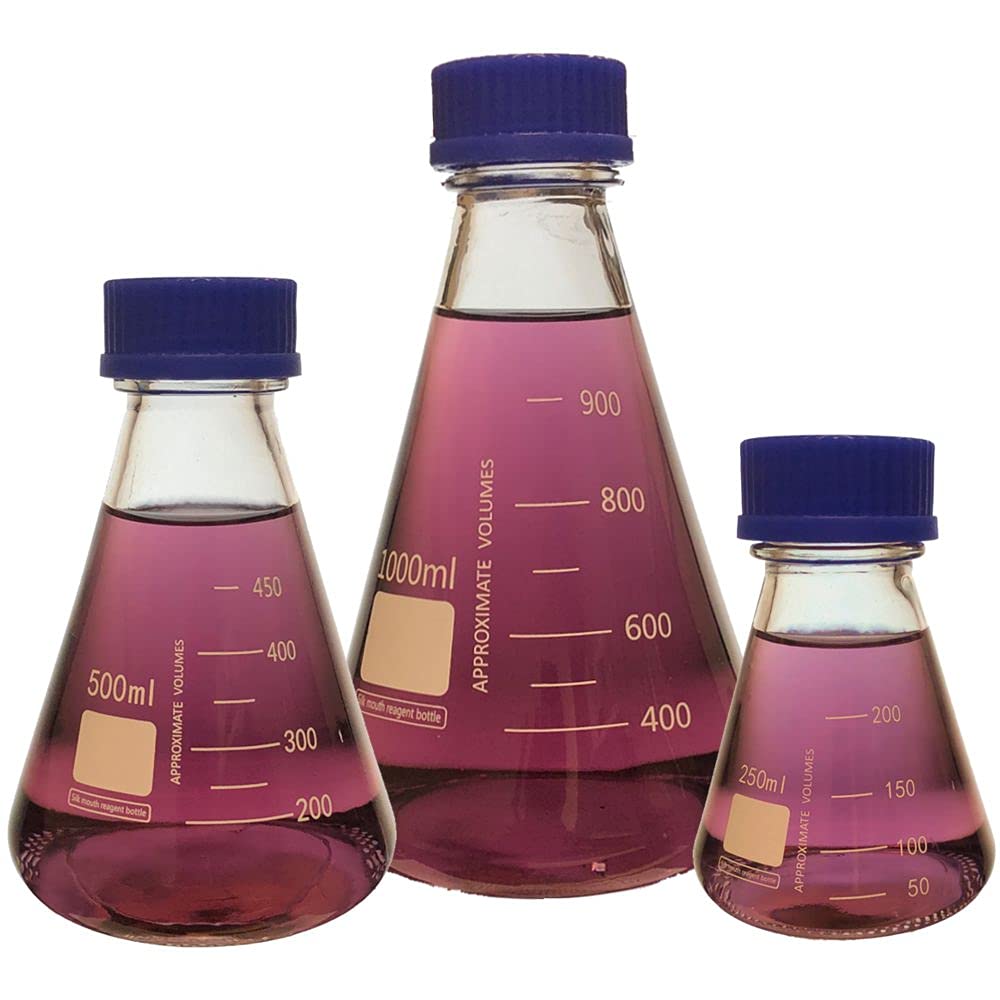 Erlenmeyer Flask Set with Blue Screw Cap, 3 Sizes - 250ml, 500ml and 1000ml, Borosilicate Glass, Karter Scientific