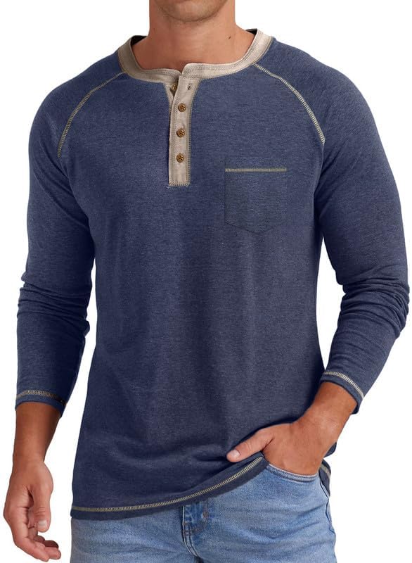 Meilicloth Mens T Shirt Long Sleeve Tshirt Casual Pullover V Neck Tee Shirt Button up Henley Tops Lightweight Shirt with Pocket