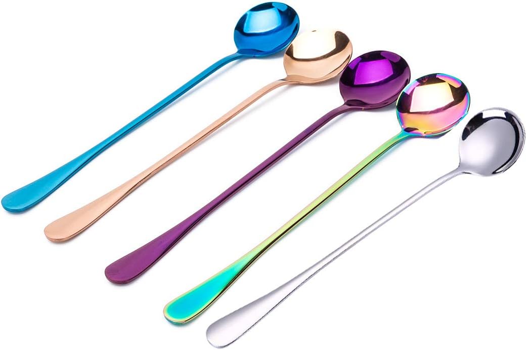 Long Handle Magic Tea Stainless Steel Multicolored Rainbow Spoon Set - 5 Pieces for Iced Tea, Ice Cream, Coffee, Milkshake, Dessert, and Cocktail Stirring