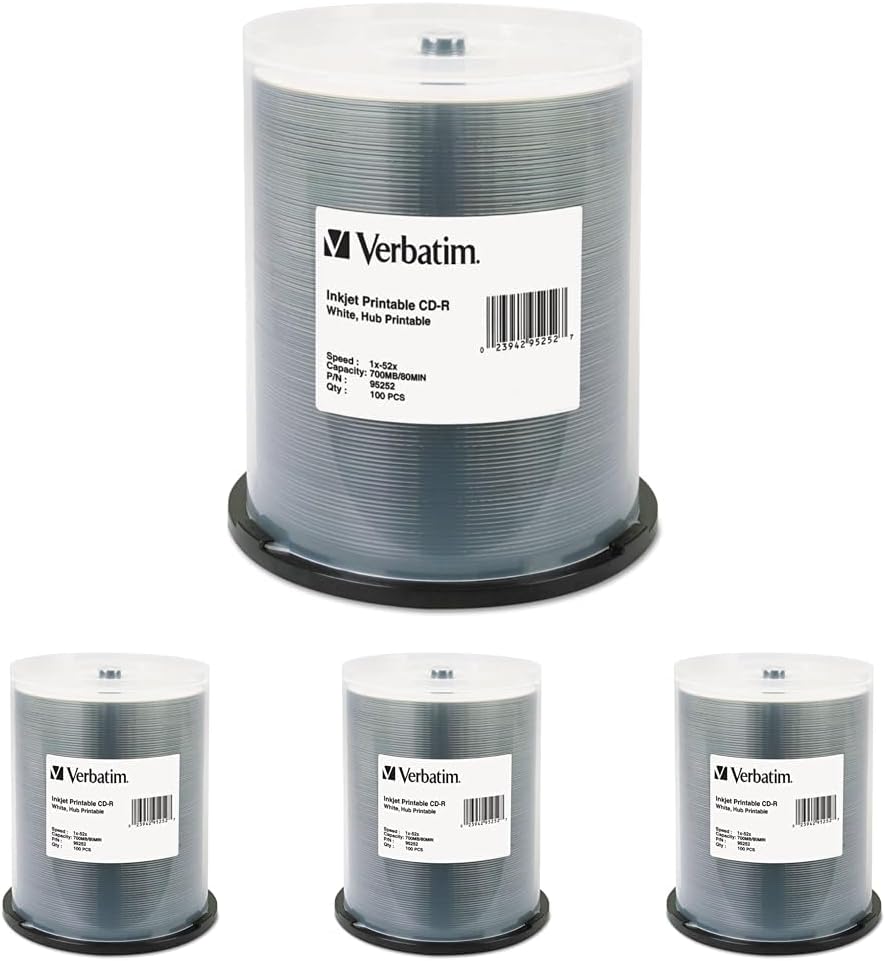 Verbatim CD-R 700MB 52X White Inkjet Hub Printable Recordable Media Disc - 100 Spindle,(Pack of 4)