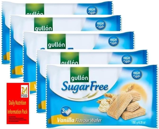 Gullon Sugar free Vanilla Wafers 180g pack of 5, Perfect for gifting, Healthy snacks foods with zamfoods nurtirion pack