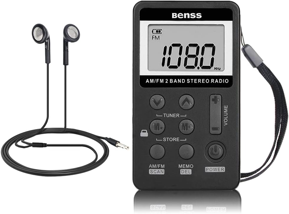 Benss Portable AM FM Mini Radio, Pocket DSP Digital Tuning Stereo Radio Mini Receiver with LCD Screen USB Rechargeable and Earphone for Walking Jogging (Black)