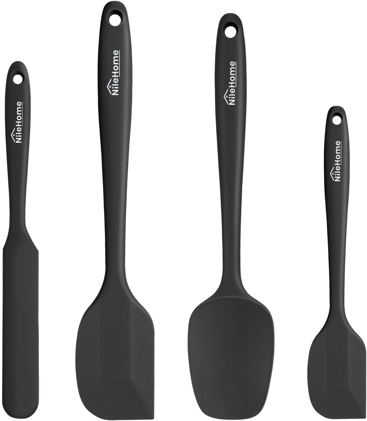 NileHome Silicone Spatula Set, High Heat-Resistant Premium BPA-Free One Piece Seamless Design, Non-Stick Rubber with 18/8 Stainless Steel Core, Cooking/Baking Utensil Set of 4, Black
