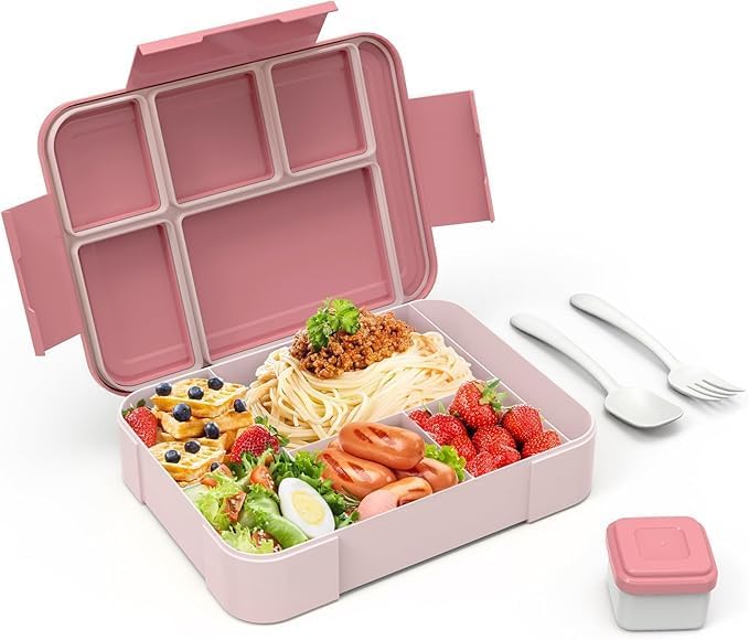 PDBEST Bento Lunch Box,Lunch Box for Adults 1330ml Bento Box with 6 Compartments, Lunch Boxes with Cutlery Set, Leak Proof Lunch Box for Kids, Snack Box for School Kindergarten Office,Pink
