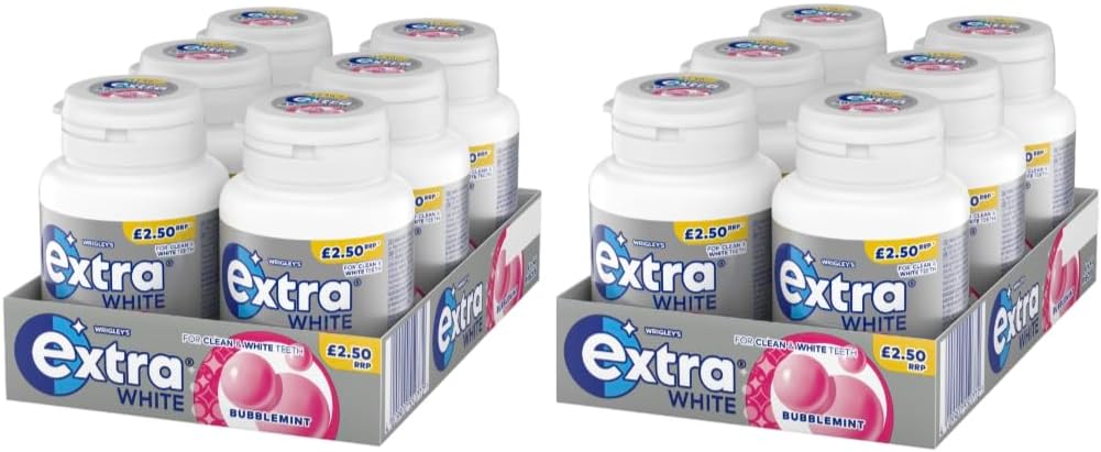 Extra White Bubblemint Chewing Gum, 2 Cases with 6 Packs of 46 Pieces Each