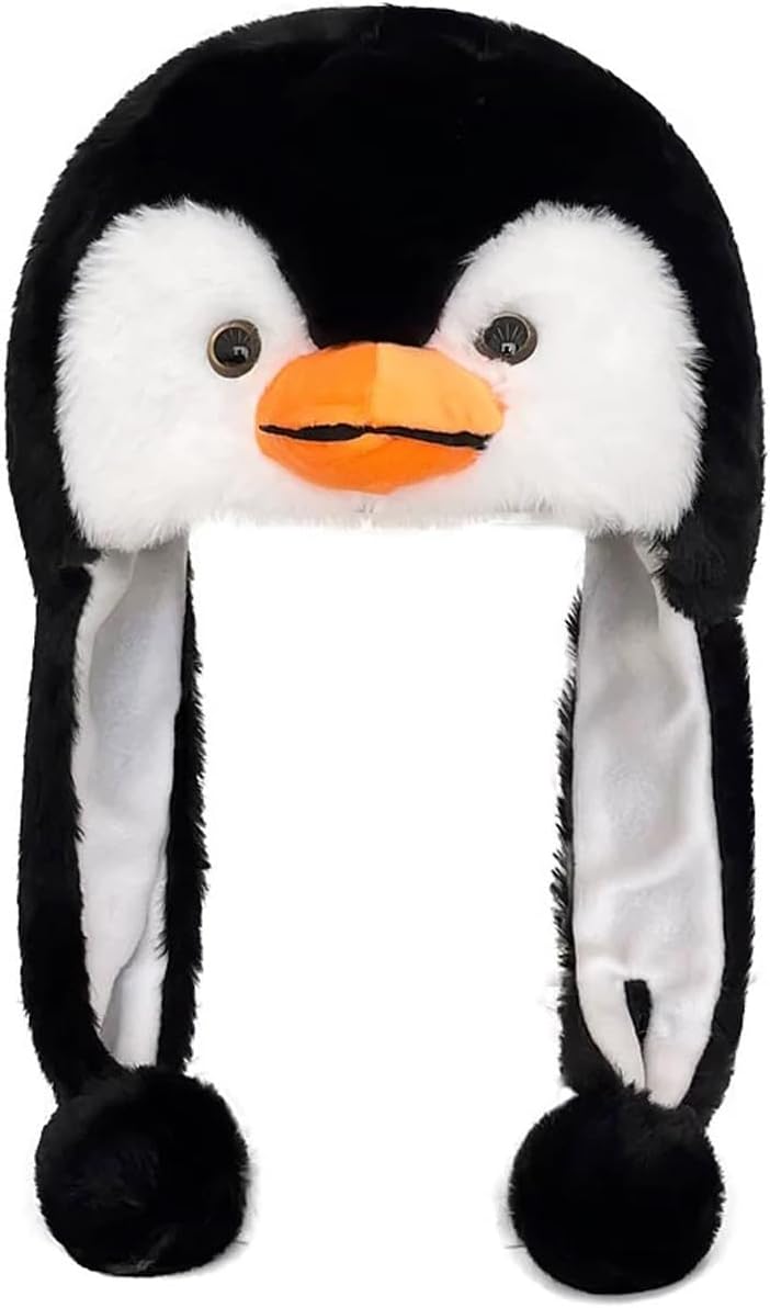 Funny Plush Animal Hat with Ear Flaps, Soft Fleece Hats Cute Cap for Kids Women Girls Cosplay Party