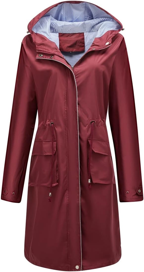 YUNCLOS Women's Long Waterproof Coat - Lightweight Hooded Trench Raincoat for Dog Walking, Hiking & Travel