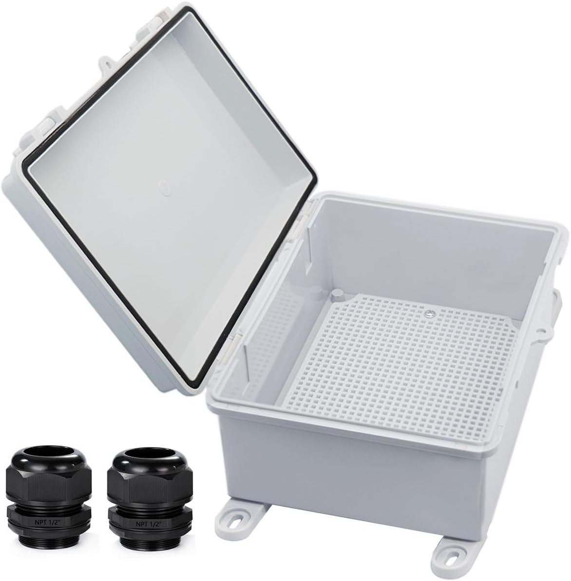 Waterproof Outdoor Electrical Box Junction Box Weatherproof IP67 ABS Plastic Enclosure Switch Router Project Box with Mounting Plate with Wall Bracket 2 Cable Glands Grey 8.7"x6.7"x4.3"