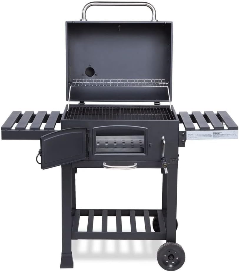 CosmoGrill Outdoor XL Smoker Barbecue Charcoal Portable BBQ Grill, 2 Folding Side Table, Built-in Thermometer, Adjustable Charcoal Pan & Chimney, Wheels, Large Coal BBQ Smoker for Home Garden Cooking