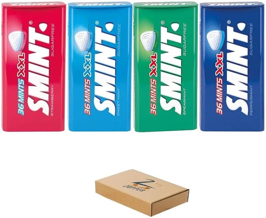 SMINT Sugar Free Mints XXL - Smint Mix Flavor Strawberry, Spearmint, Sweet Mint, Peppermint - 36 Mints Tin Pack of 4
