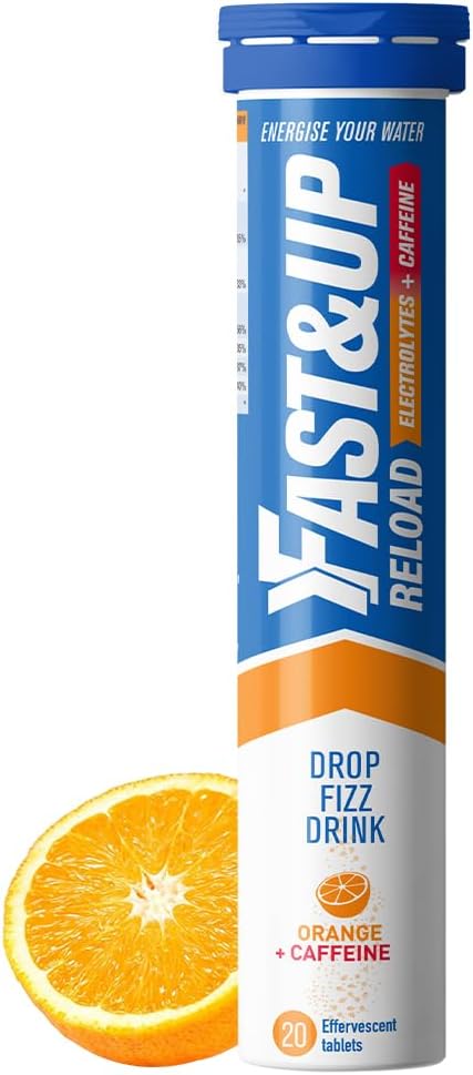 Fast&Up Reload Electrolytes, Orange + Caffeine Flavour, 20 Effervescent Tablets, Rapid Hydration & Energy, with Vitamin C & B12, Vegan