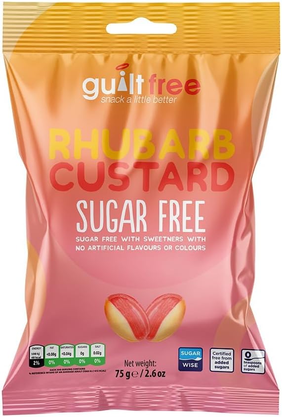 Guiltfree Sugar Free Rhubarb and Custard Sweets Retro Classic Sweet Hard Boiled Hard Sweets | for Diabetic Gift Hamper Basket Available - Perfect for Gifting | 1 x 75g Resealable Pack