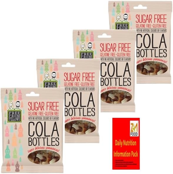 Sugar Free Jelly Sweets, Gluten & Gelatine Free, Vegan, Free from Fellows Cola Bottles Value Pack Sugarless Super Snack Delicious yumminess 70g x 4, Perfect for kids favourite candies.