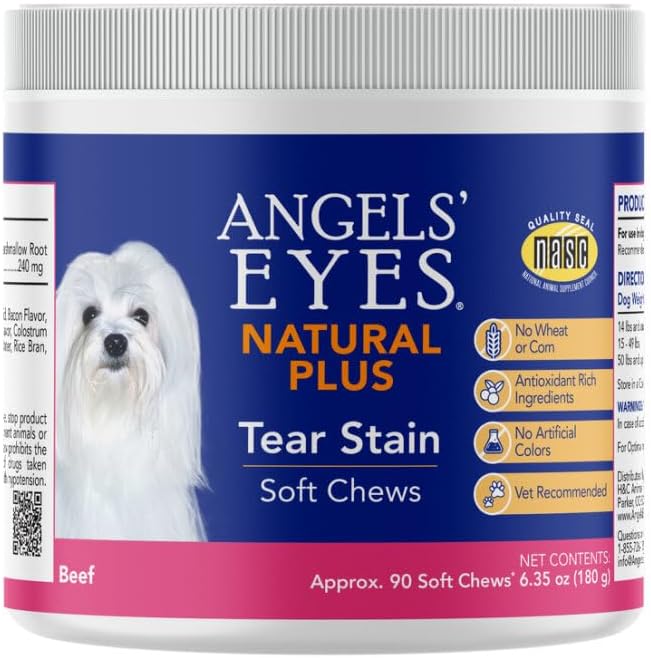 ANGELS' EYES Natural Tear Stain Prevention Soft Chews for Dogs | Beef Flavor| for All Breeds | No Wheat No Corn | Daily Supplement | Proprietary Formula | 90ct