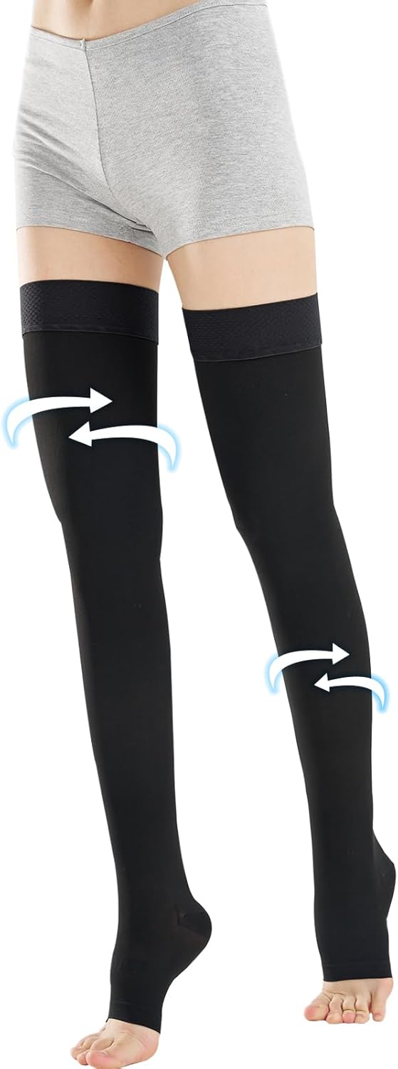 EVOPLECI Thigh High Compression Stockings for Women & Men (Pair) Open Toe Medical Compression Stockings 15-20mmHg with Silicone Dot Band Medical Compression Stockings