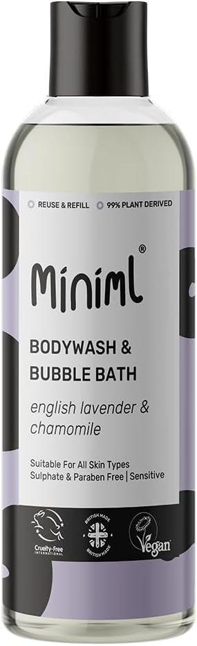 Miniml Natural English Lavender & Chamomile Body Wash & Bubble Bath - For all skin types - Hypoallergenic Dermatologically Tested - Sulphate & Paraben Free, Vegan & Cruelty Free - 500ml Bottle