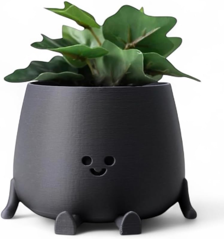 Bling Pire Black Happy Smiley Face Sitting Flower Pot Planter 3D Printed Has Drainage Holes Cute Tabletop Flowerpot Home Office Decor for Cacti, Succulents, Flowers, etc. Great Gift for Plant Lovers