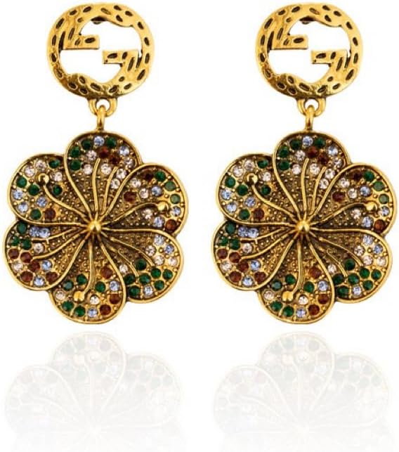 Vintage Floral Fashion Drop Earrings for Women, Gold Plated Dangle Earrings, Gold/green