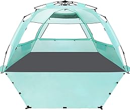 WhiteFang Deluxe XL Pop Up Beach Tent Sun Shade Shelter for 3-4 Person, UV Protection, Extendable Floor with 3 Ventilating Windows Plus Carrying Bag, Stakes, and Guy Lines