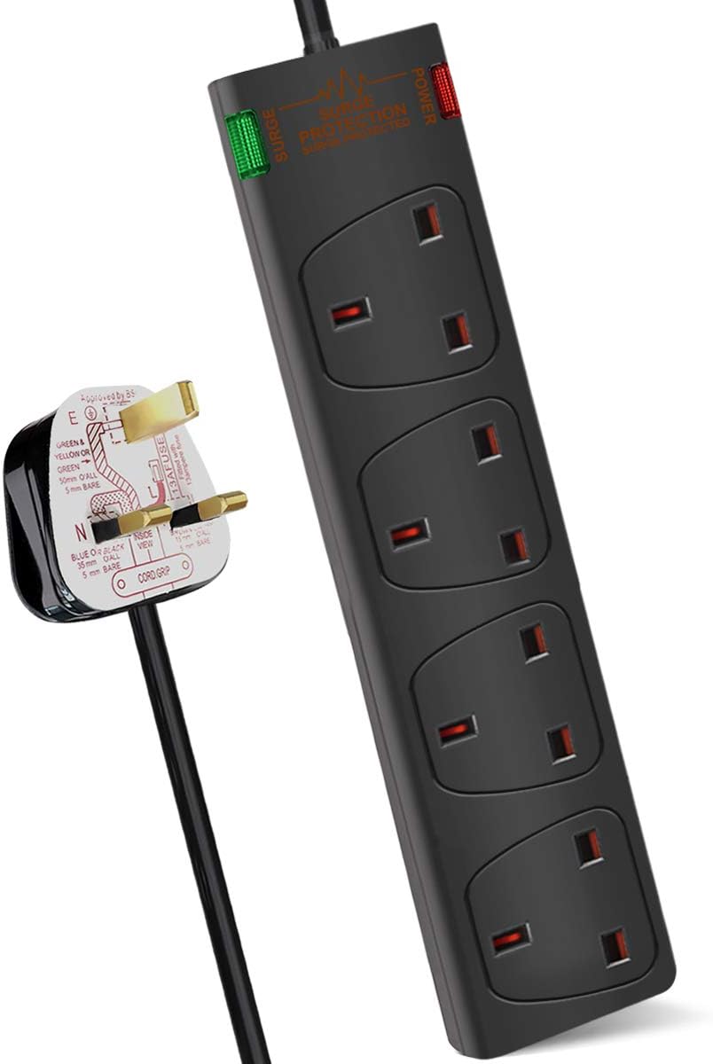 ExtraStar 4 Way Extension Lead with Surge Protection, 13A/250V~ Multi Sockets Power Strips, 3120W Fused UK Plug Wall Mounted Power Socket with 1M Extension Cord-Black
