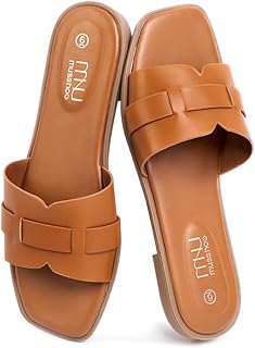 MUSSHOE Fashion Flat Summer Sandals for Women 2024-Comfortable Leather Slides, Dressy Beach Footwear Cute Memory Foam Mules Braided Open Toe Design,Size 5-11
