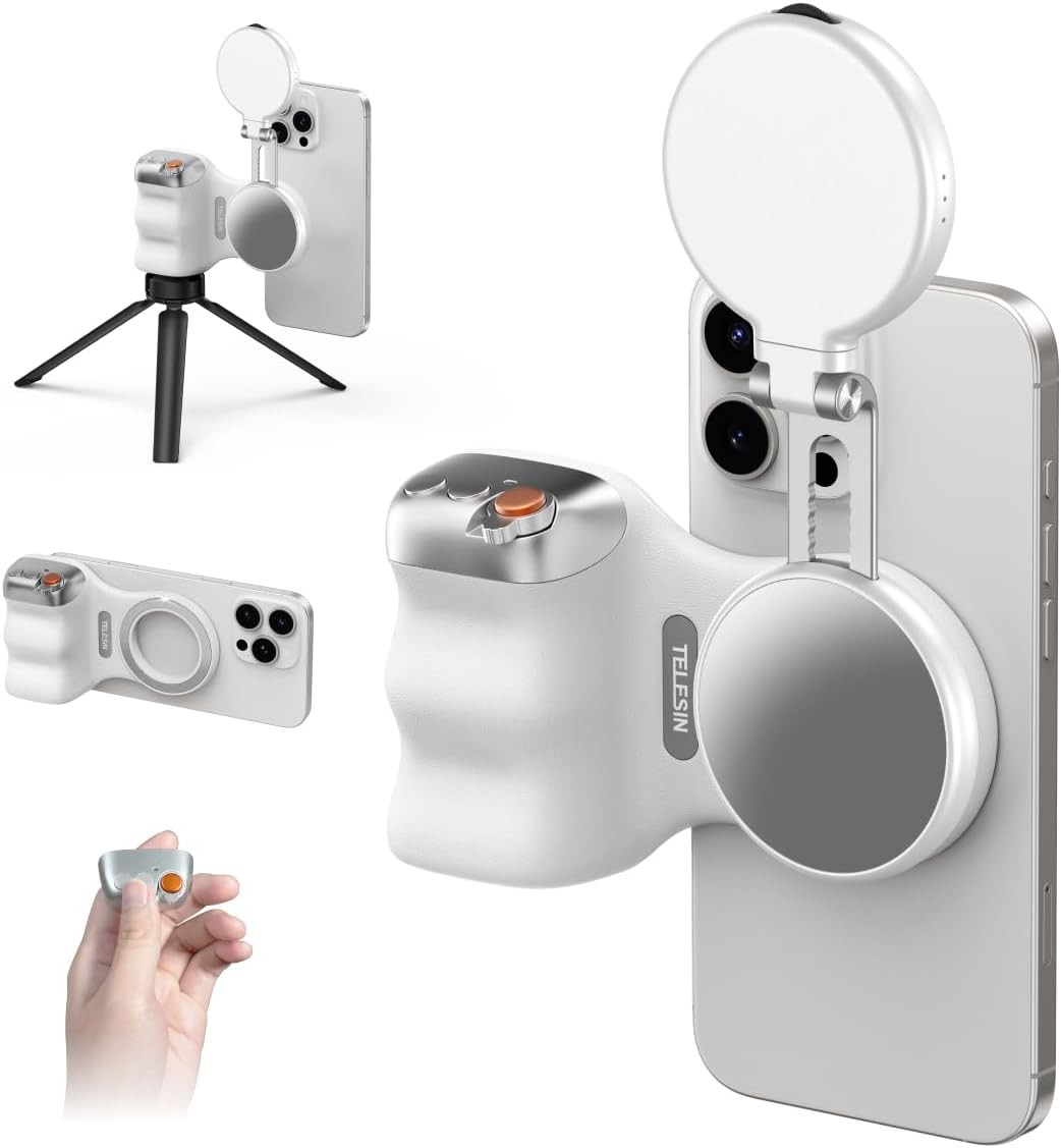 TELESIN Fun Shot Magnetic Phone Camera Grip + C03 Magnetic Selfie Light (White) Bundle Kit Compatible with iPhone & Android, Creator Kit for Selfies/Photography/TikTok/Zoom Calls/Video