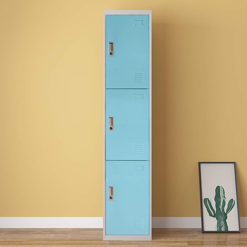 Panana Metal Lockers Storage Cupboard Steel Lockable Office File Cabinet Unit Staff Gym School Shop Changing Sky Blue (3 door)