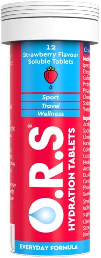 O.R.S Hydration Tablets with Electrolytes, Vegan, Gluten and Lactose Free Formula – Soluble Sports Hydration Tablets with Natural Strawberry Flavour, 12
