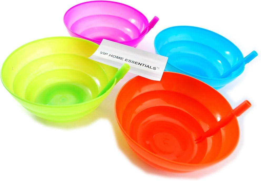 SET of 4 Sipabowl Soup or Cereal Bowl for Kids Plastic with Built in Straw, Pink, Blue, Orange & Yellow Home Supply Maintenance Store