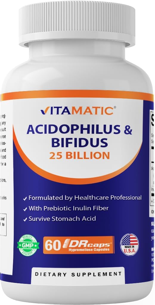 Vitamatic Acidophilus Bifidus 25 Billion DR Capsule - 60 Count - Digestive Support - Made with Prebiotic Inulin Fiber