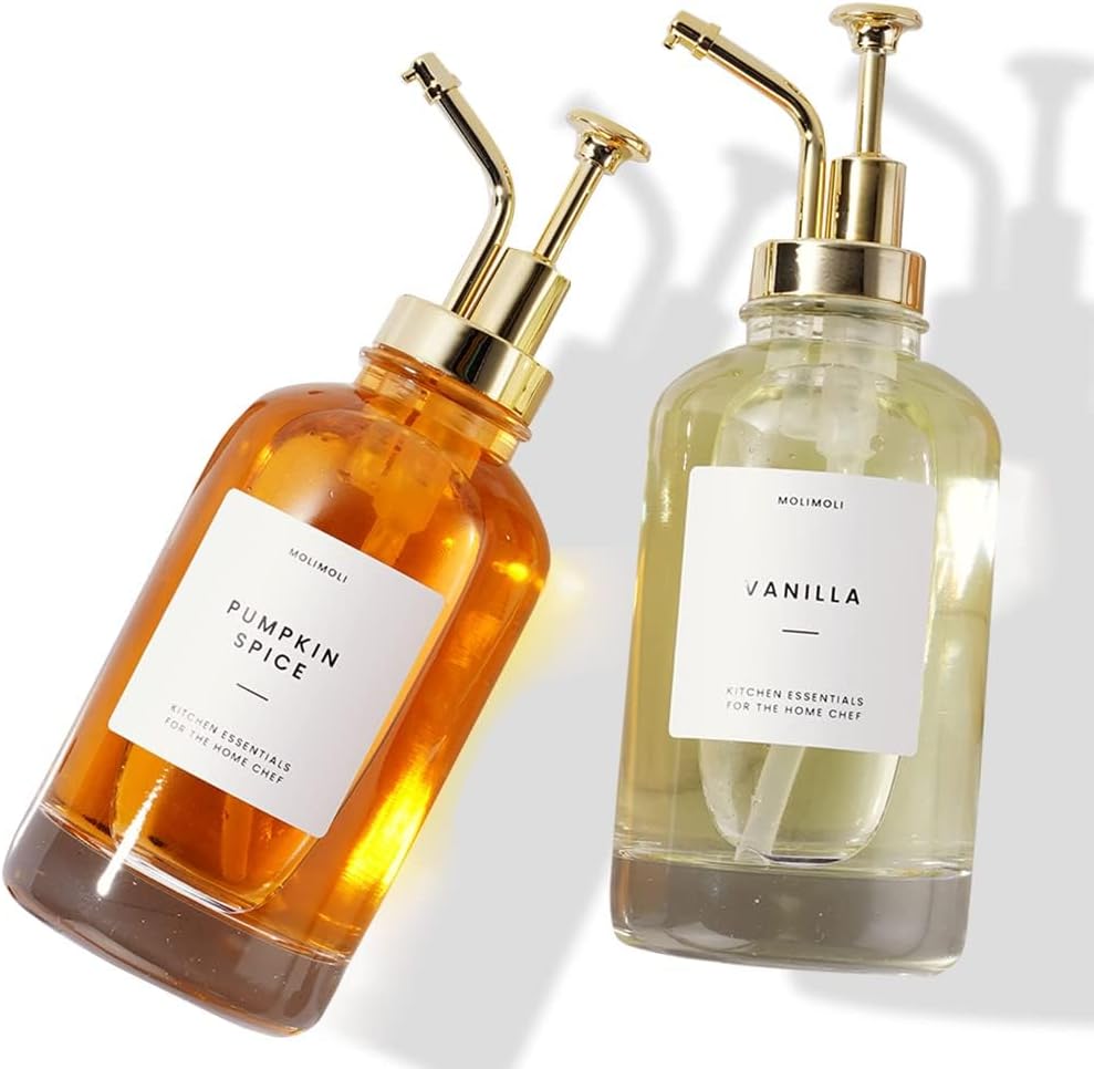 Molimoli Syrup Dispenser for Coffee Bars, Glass Syrup Bottle w. Pump, 16.9 oz 500 ml, Set of 2, Gold Upgraded Dispenser