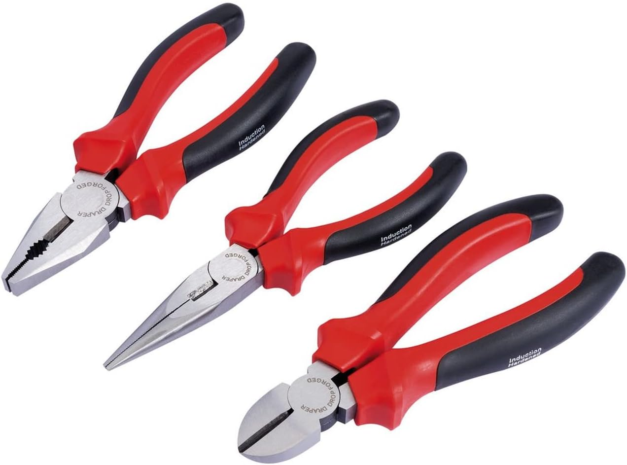 Draper Redline® 3 Piece 160mm Plier Set | Soft Grip Hand Tools Kit | Carbon Steel Long Nose Pliers | Combination & Diagonal Side Cutters | Hardened Jaws & Cutting Edges | 68001