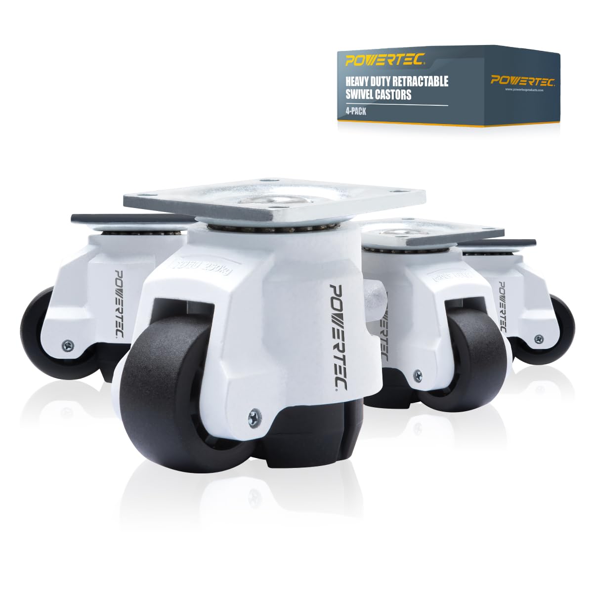 POWERTEC 17300 2-Inch Leveling Casters Set of 4 | Heavy Duty with Adjustable Ratcheting Handles | Retractable and Swivel Castors 4 PK