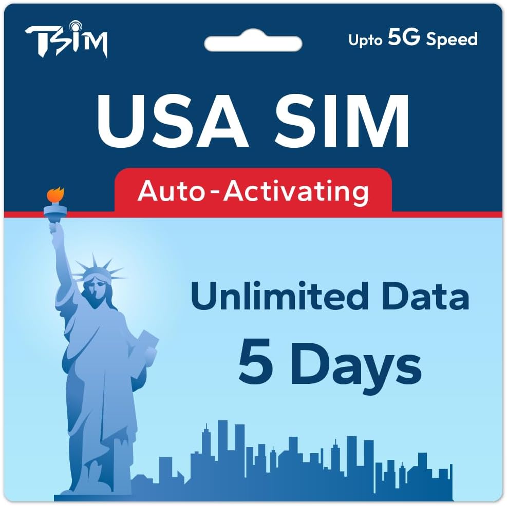 TSIM USA SIM Card 5 Day | Unlimited Data | High Coverage Multi-Operator 5G Network | Auto-Activating | Refillable Plan | Hotspot Allowed | Data Only