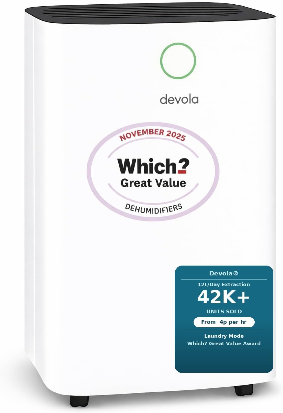Devola 12L/day Low Energy Dehumidifier, Quiet & Energy Efficient (costs less than 5p per hour) Dehumidifiers for Home, Laundry Drying Dehumidifier, Dust Filter -WHICH? BEST BUY AWARD