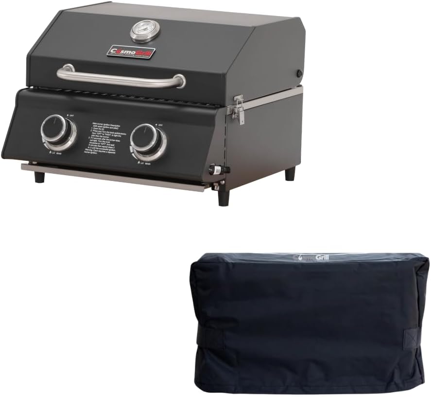 CosmoGrill Compact Black 2 Burner Gas Barbecue, Built-in Temperature Gauge for Patio Terrace, Camping, Home Garden Party Outdoor BBQ Table Top Cooking (BBQ With Cover)