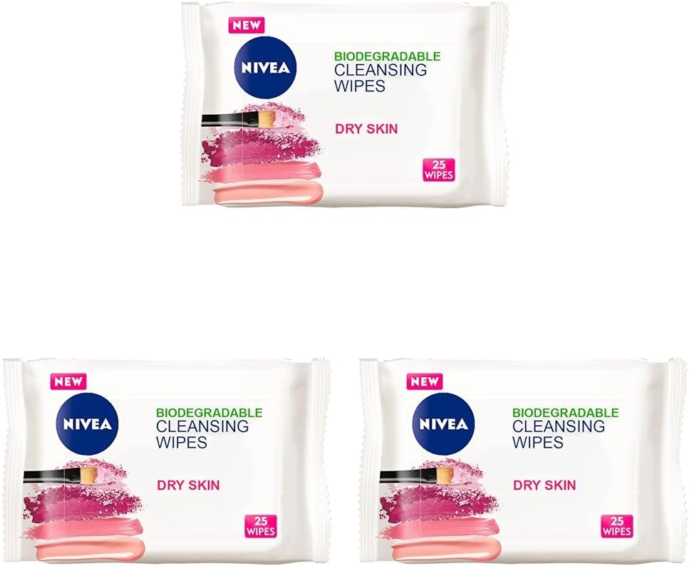 NIVEA 3in1 Caring Cleansing Wipes Dry Skin (25 Wipes), Plant-Based Makeup Remover Wipes, Face Wipes for Dry Skin, Gentle yet Effective Makeup Removal (Pack of 3)