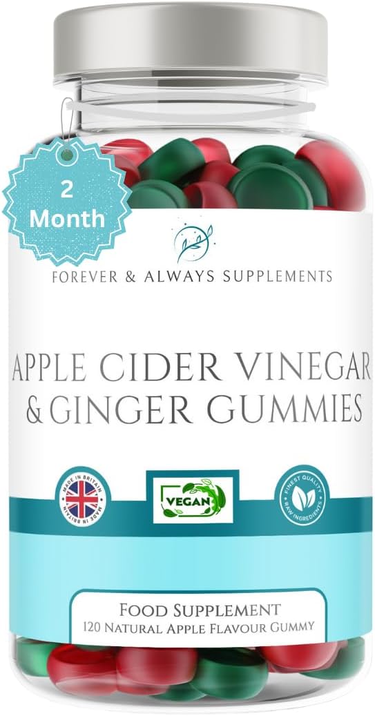 Apple Cider Vinegar Gummies with The Mother & Ginger x 120 (2 Month Supply), Each Vegan ACV Natural Apple Flavour Gummy Contains 500mg of Apple Cider Vinegar & 10mg of Ginger Extract per serv