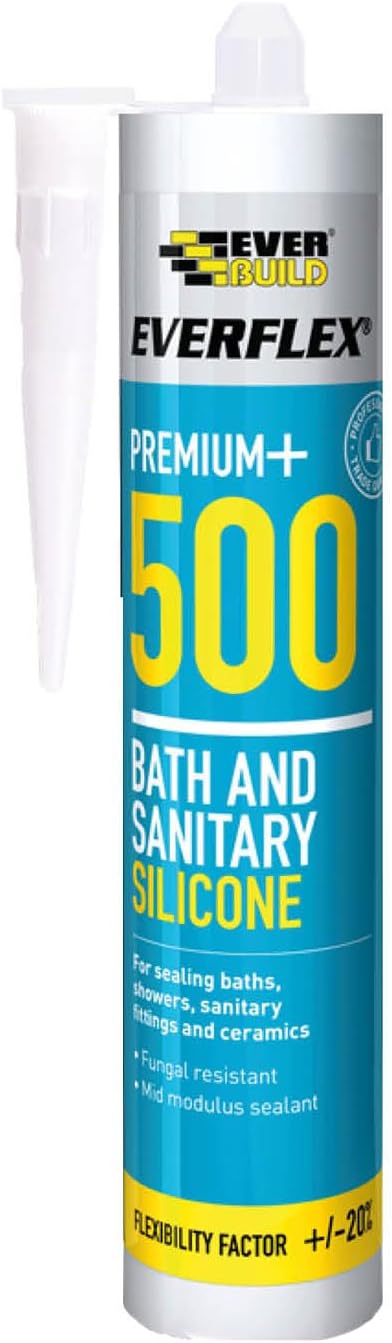 Everbuild Everflex 500 Bath And Sanitary Silicone – Interior And Exterior Application – Anti-Fungal – Quick Curing – White – 295ml Cartridge