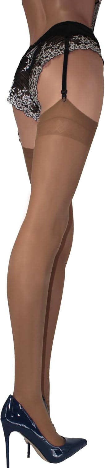 JUST BEAUTY TOUCH Womens Stockings Size S - XL 20 Den Geometric Patterned Top New Sheer Black Natural Tan White Colours Size Plus