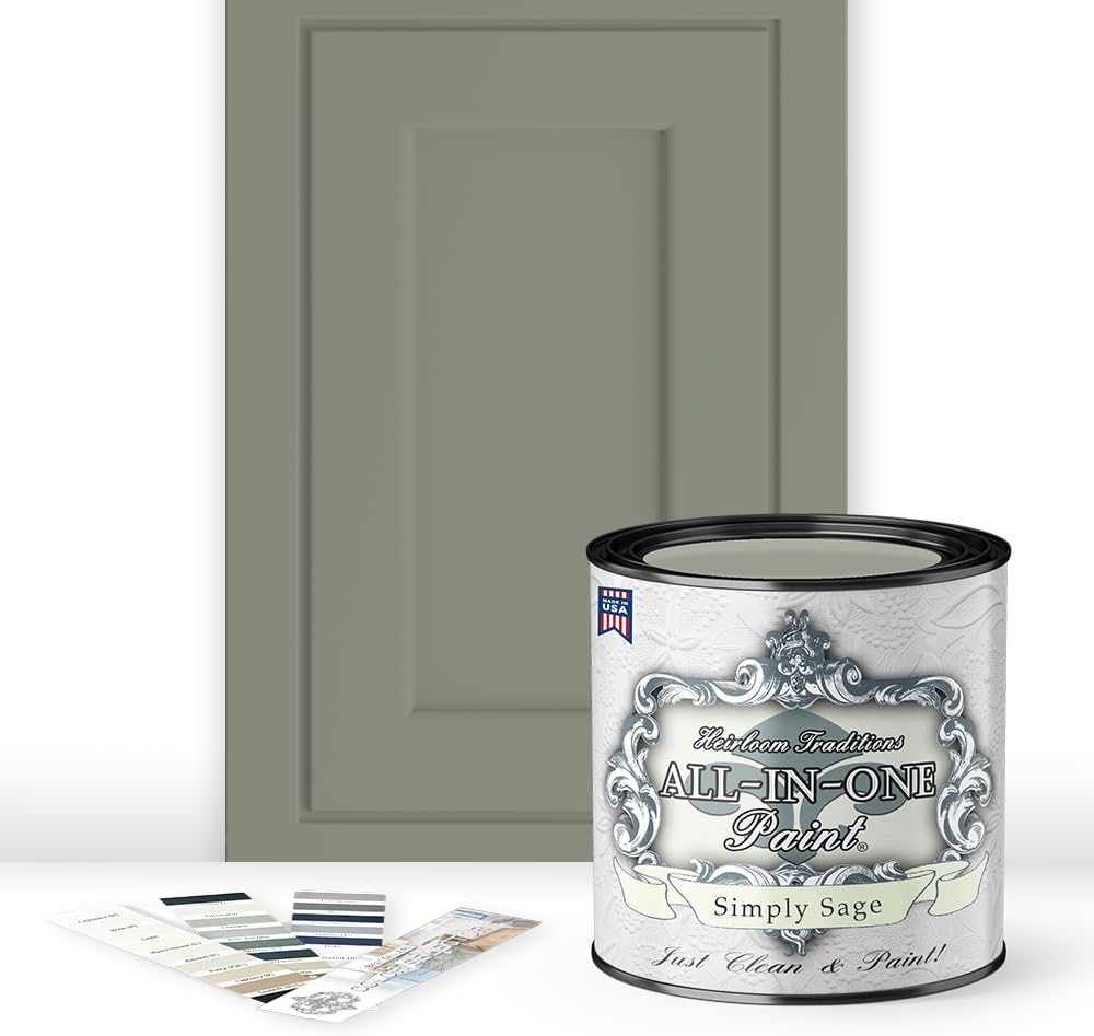 Heirloom Traditions ALL-IN-ONE Paint, Simply Sage (gray green), Quart - Durable cabinet and furniture paint. Built in primer and top coat, no sanding needed. Includes our 30 featured color card.