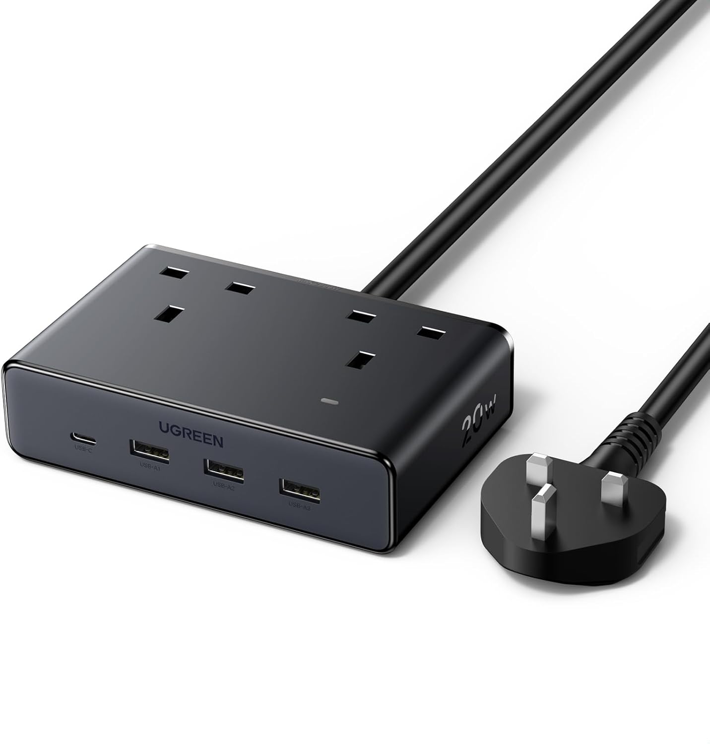 UGREEN Extension Lead with 4 USB Slots, 2 Way 2990W Max Multiple Plug with 1.5m Extension Cable, Compatible with iPhone 16/15/14, iPad Pro/Mini, Suitable for Home/Office