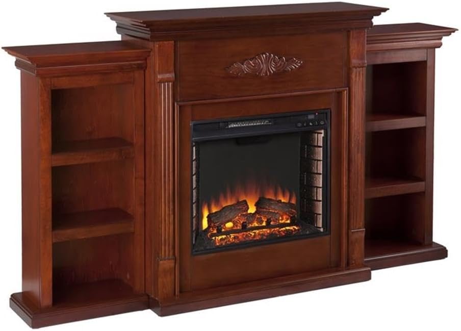 SEI Furniture Tennyson Electric Bookcases Fireplace, Mahogany