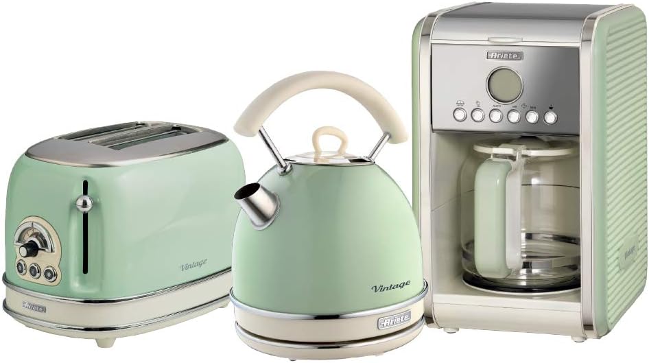 Ariete ARPK14 Retro Style Dome Kettle, 2 Slice Toaster and Filter Coffee Machine Set, Vintage Design, Green