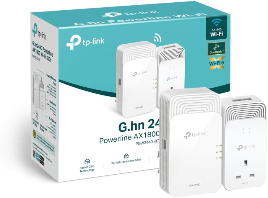 TP-Link PGW2440 KIT Advanced Protocol G.hn2400 Powerline Adapter, AX1800Mbps WiFi 6 Internet Booster KIT, Extra Power Socket, 2+1 Gigabit Ethernet Ports, 8K Streaming & Gaming, Plug & Play