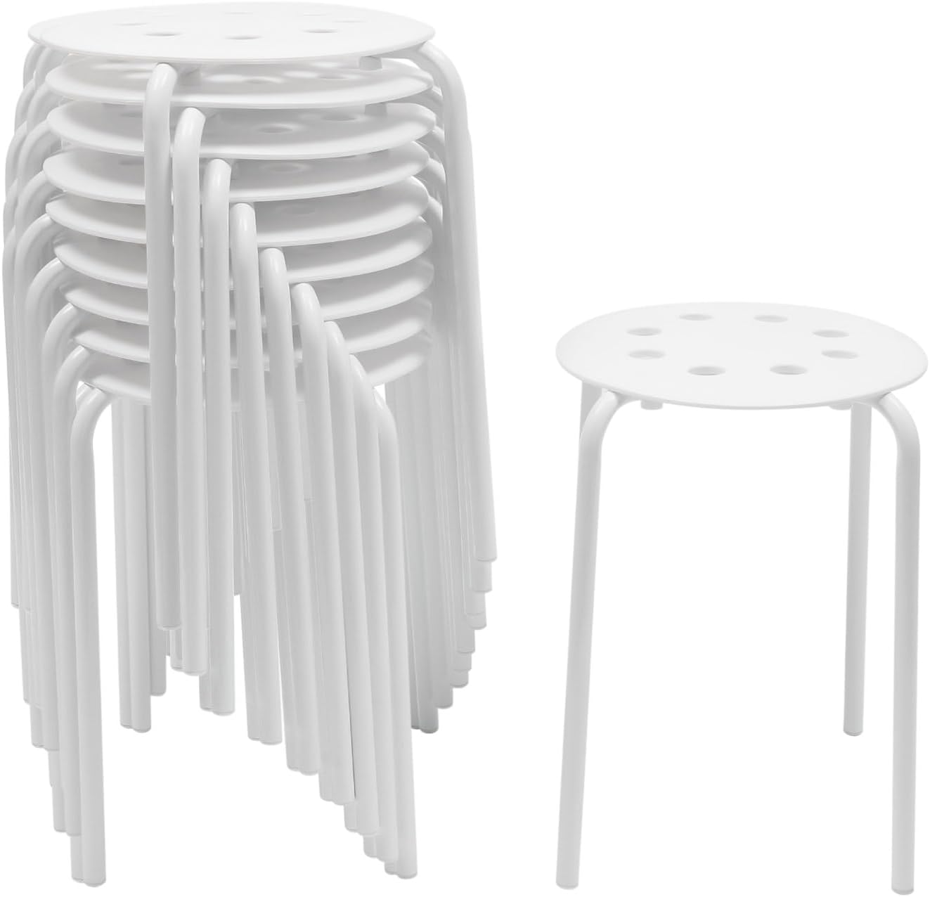 10 Pcs Plastic Stacking Stools, Stack Stools White Chairs with Metal Frame 17 Inch for Kids Adults Students Portable Classroom Home Kitchen Garden Office